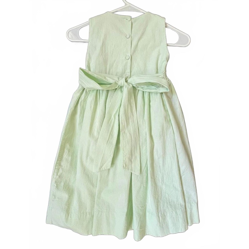 Vintage Strausburg Smocked Dress in Green Seersucker with Pink Roses - 5 - Picture 4 of 6